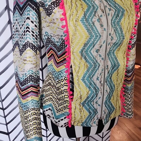 Holly Bracken Womens Blazer Jacket Sz Small Yellow Blue Chevron Print Zip Front - Picture 4 of 12